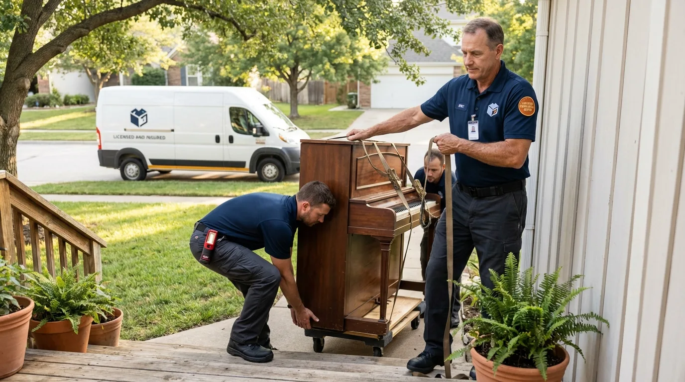 Licensed piano movers securing grand piano in Rison, AR