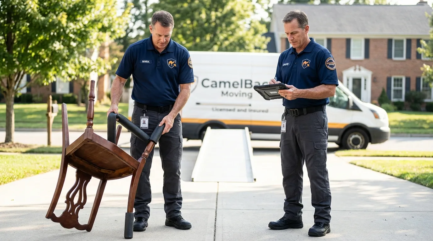 Movers inspecting furniture for damage prevention before loading in Rison, AR