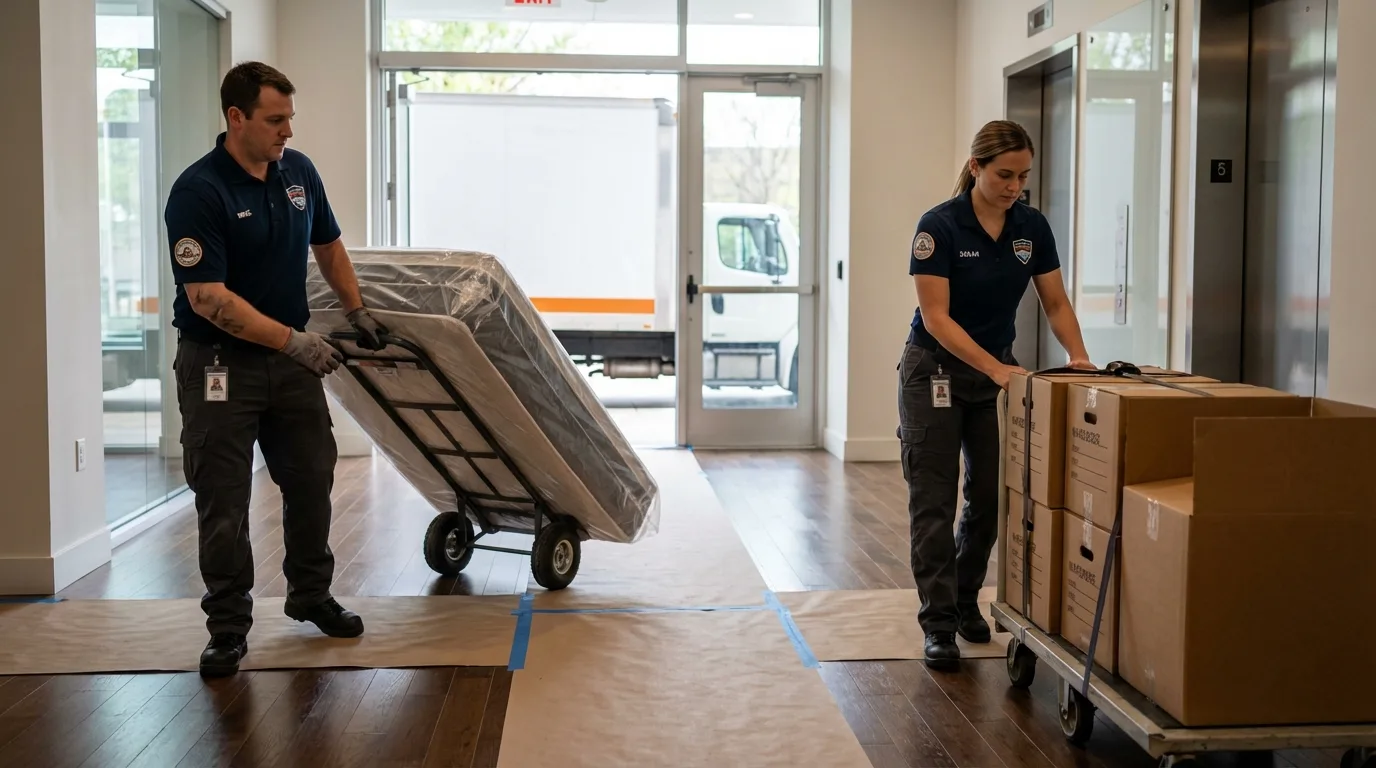 Professional apartment movers loading elevator in Rison, AR