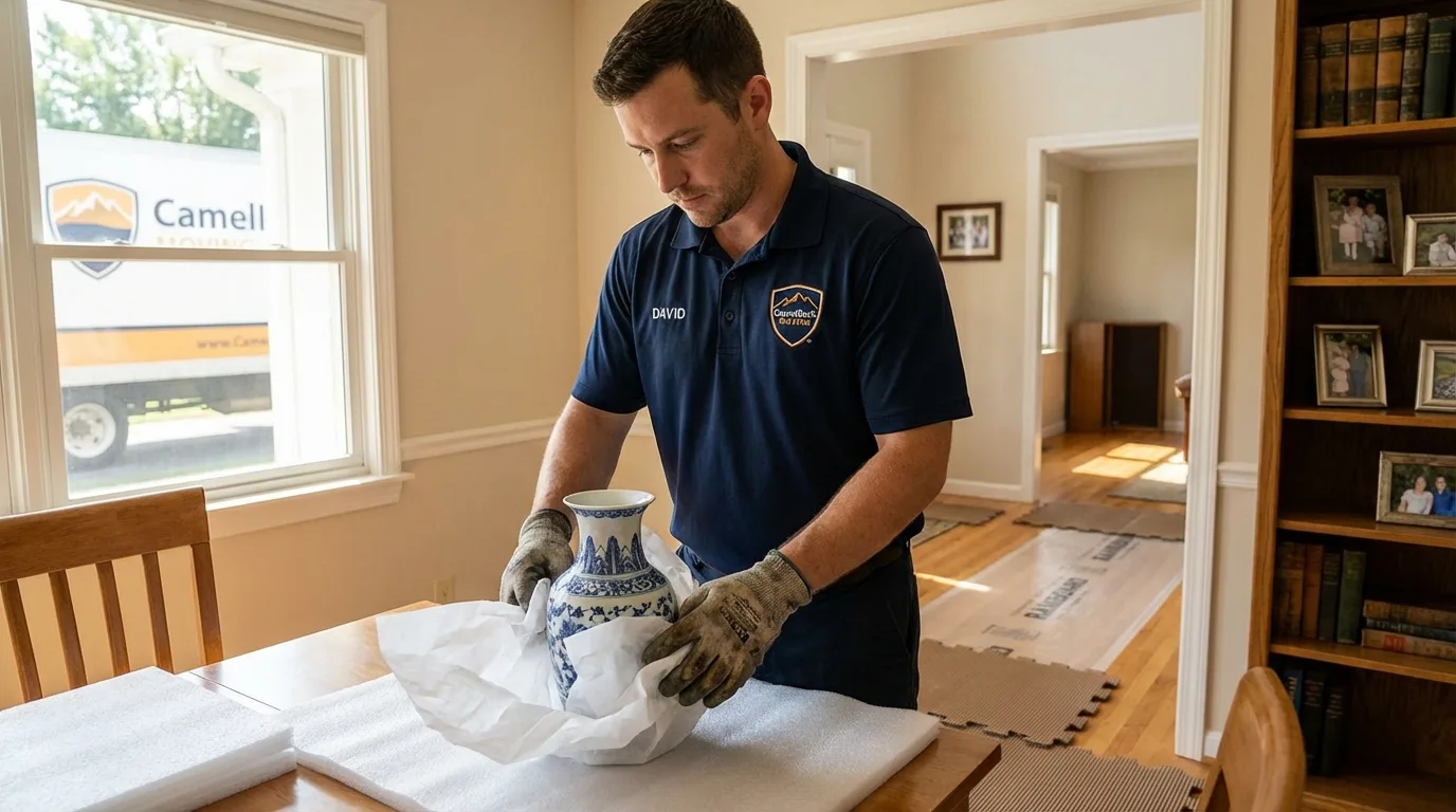 Professional crew carefully wrapping antique vase for senior downsizing move in Rison, AR